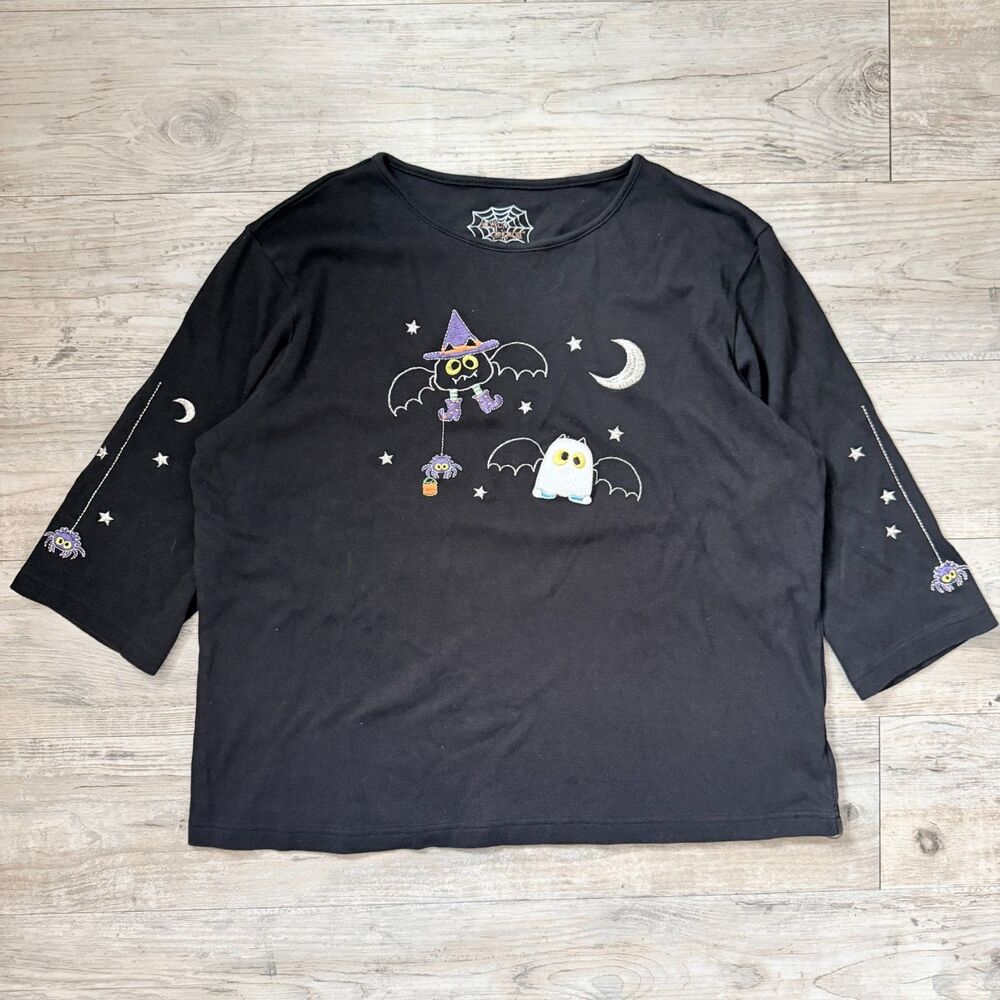 Halloween Bat Ghost Spider Shirt Top XL Black Embroidered Ollyson Whitmore